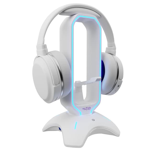 Tilted Nation Rgb Gaming Headset Stand - 3 In 1 Design With Mouse Bungee And 2 Port Usb 3.0 Hub The Ultimate Addition To Your Gaming Station - Dynamic Rgb Head Stand With Usb Charger - White Tabletop