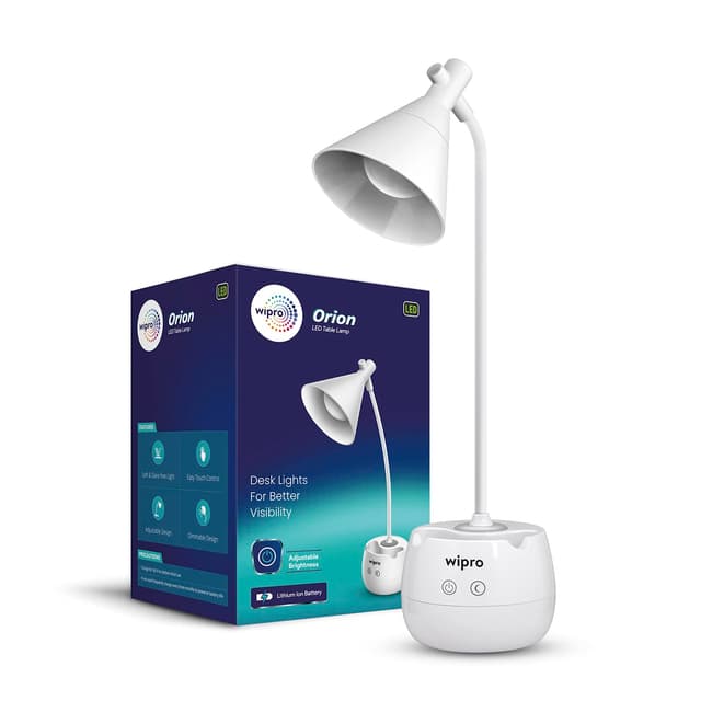 wipro Orion 6w Rechargeable LED Table Lamp- 3 Grade Dimming and Night Light |Li-Ion Battery(Acrylonitrile Butadiene Styrene, White, Pack of 1)